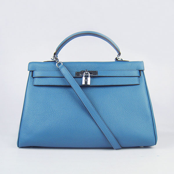 High Quality Hermes Kelly 35CM Togo Leather Bag Middle Blue 6308 - Click Image to Close